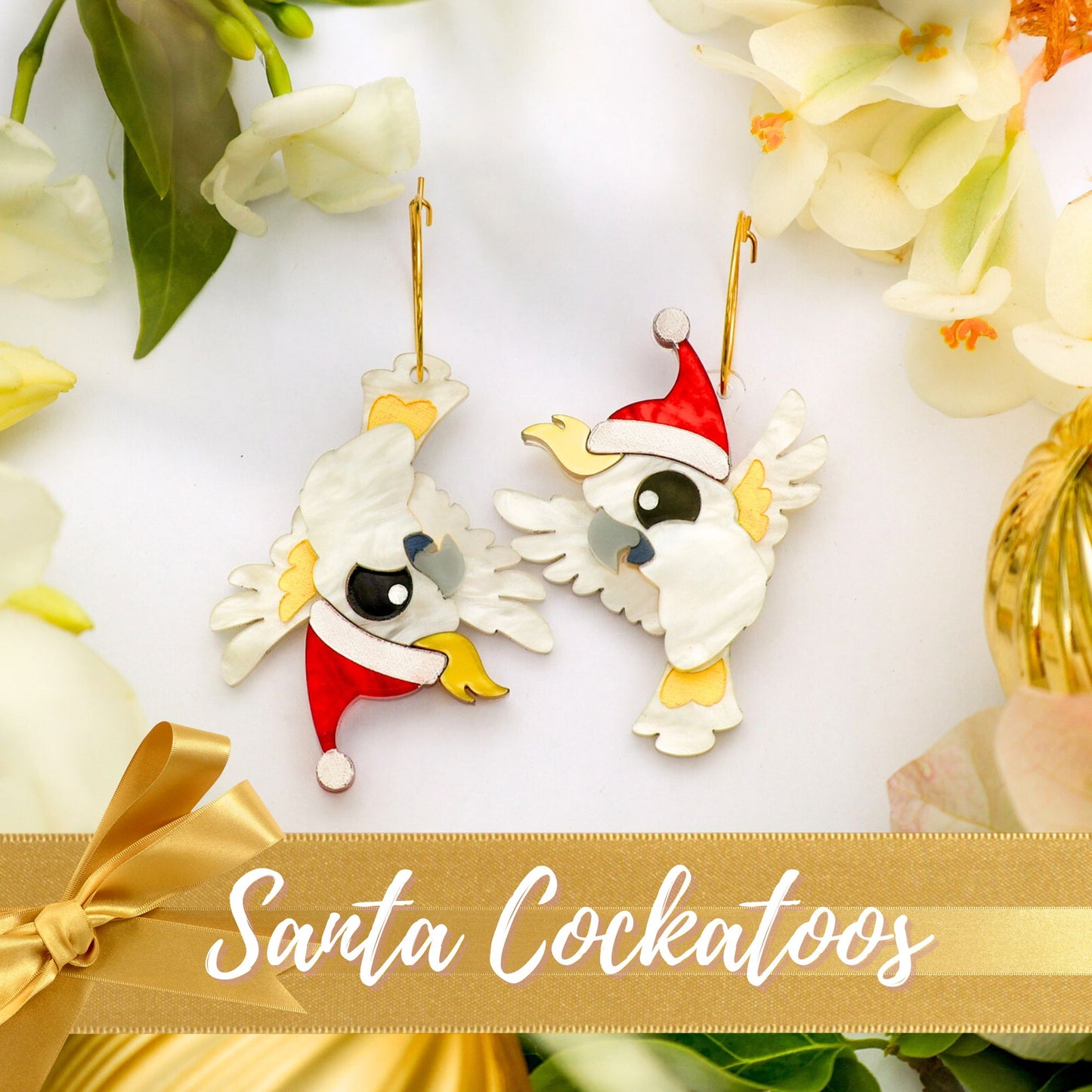 *LIMITED RESTOCK* Santa Cockatoo - 2024 Christmas Collection - Handmade Acrylic Earrings