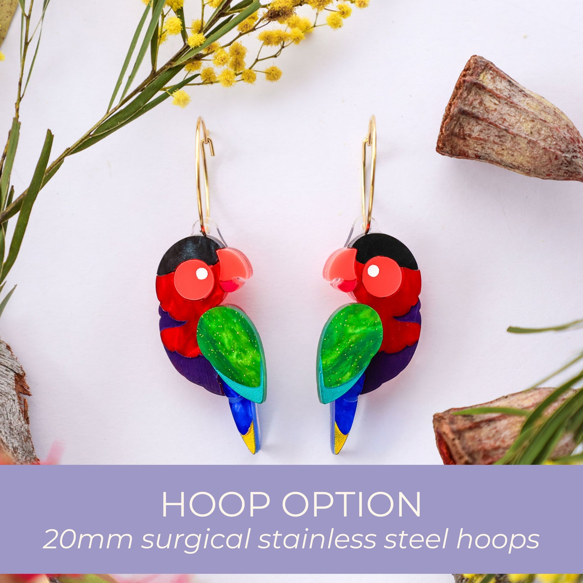 BINKABU Black-Capped Lory Handmade Acrylic Bird Earrings