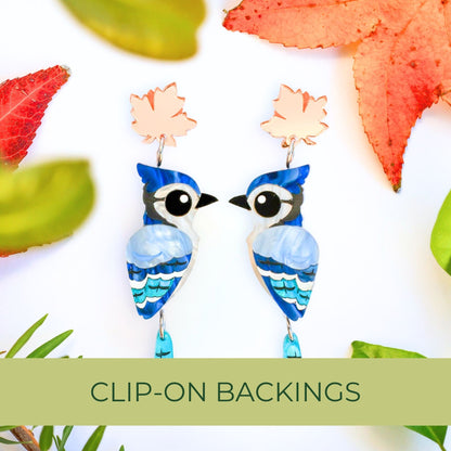 BINKABU Blue Jay Dangles handmade acrylic bird earrings