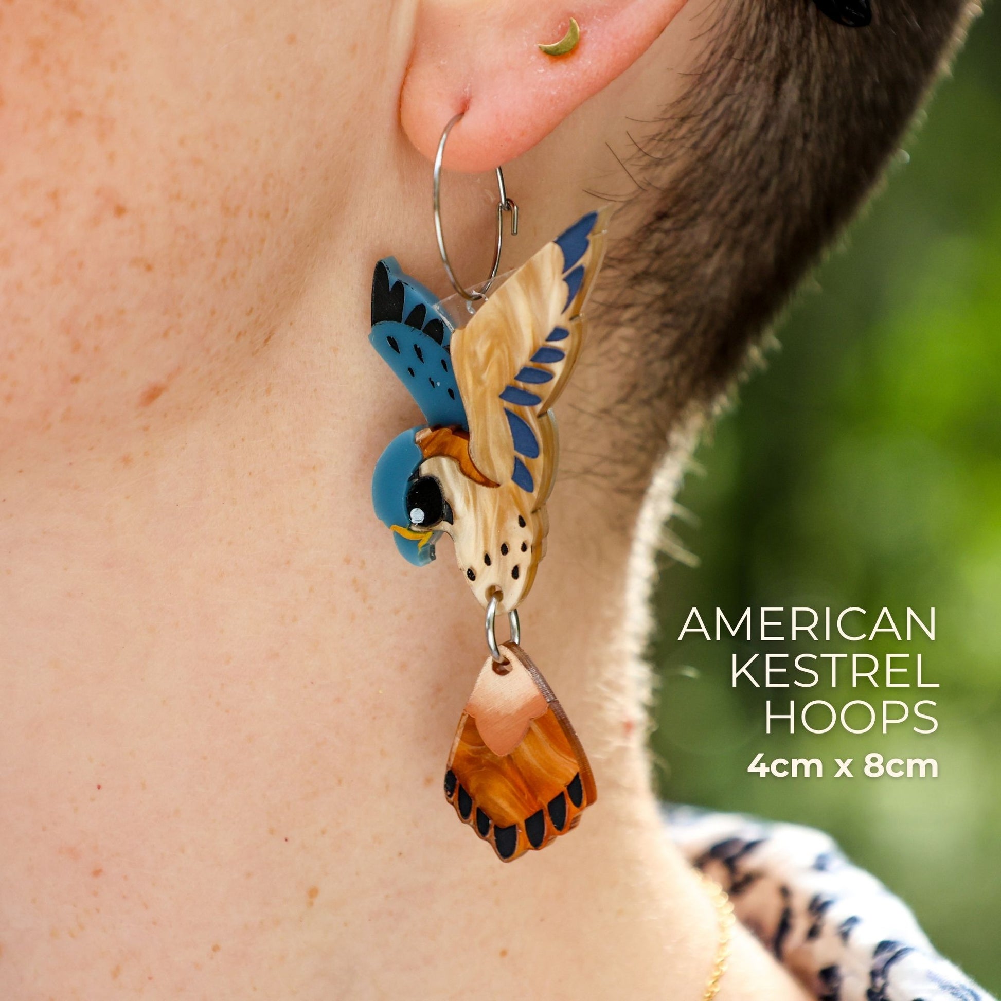 BINKABU American Kestrel Hoops handmade acrylic bird earrings
