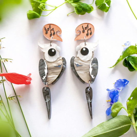 BINKABU White-Faced Cockatoo handmade acrylic bird earrings