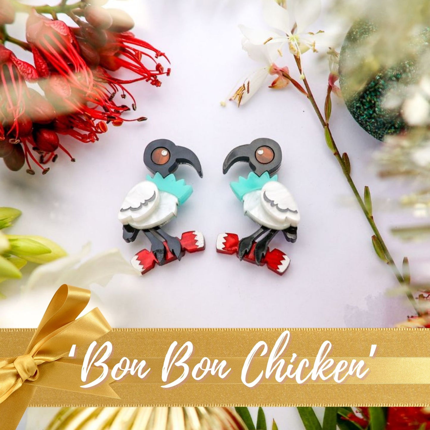 *LIMITED RESTOCK* Christmas ‘Bon Bon Chicken’ - 2024 Christmas Collection - Handmade Acrylic Earrings