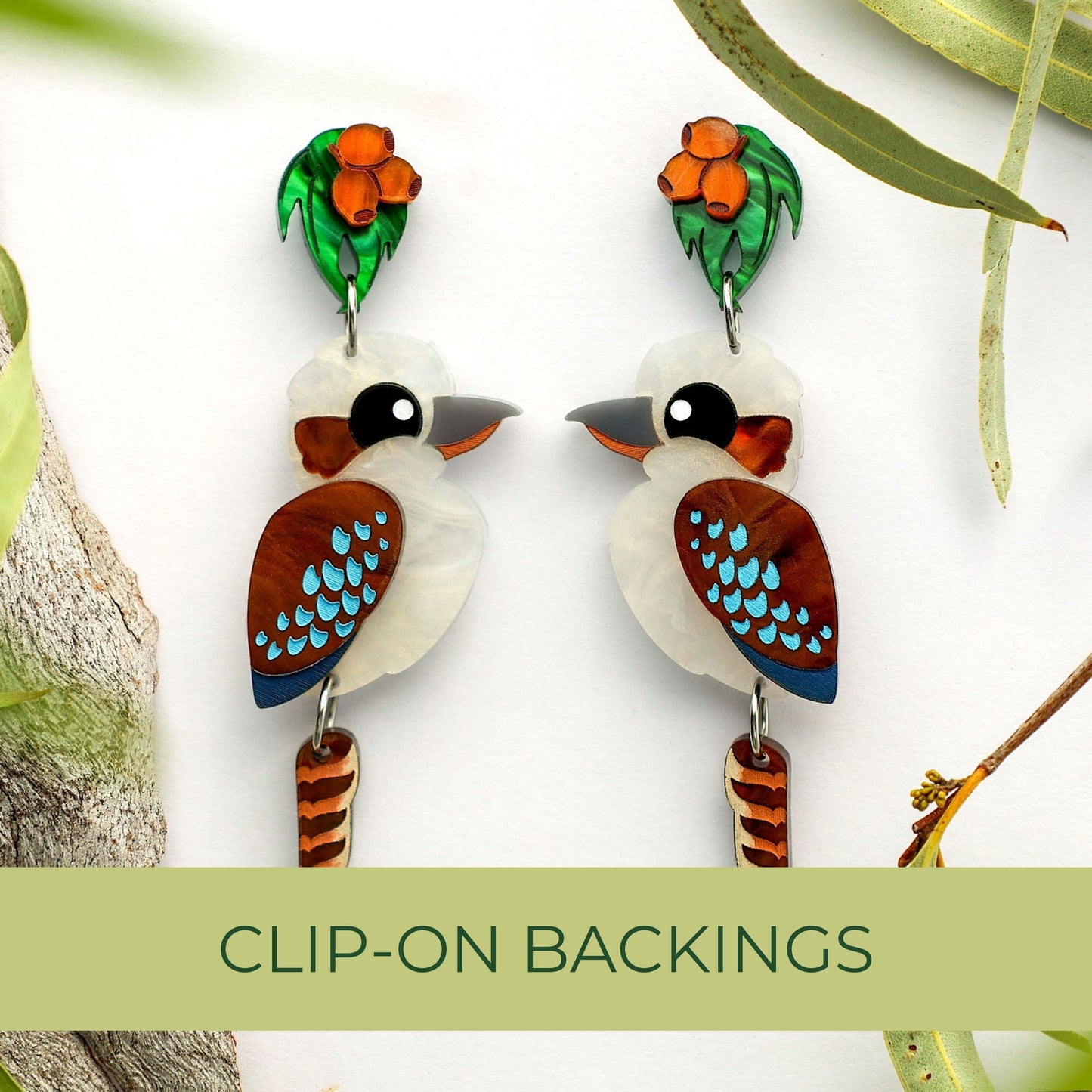 BINKABU Kookaburra handmade acrylic bird earrings