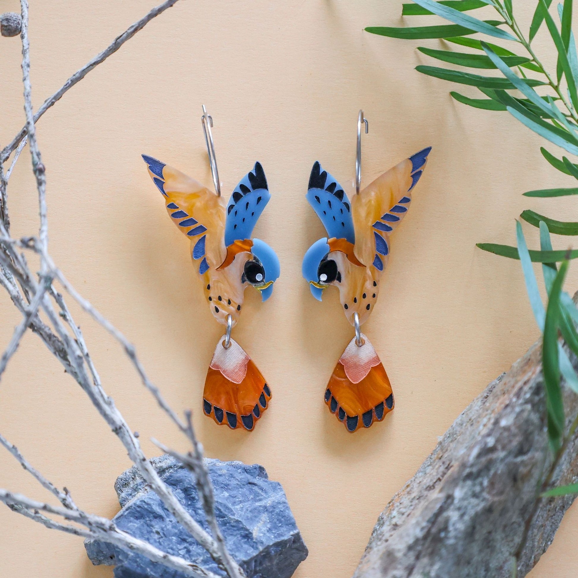 BINKABU American Kestrel Hoops handmade acrylic bird earrings