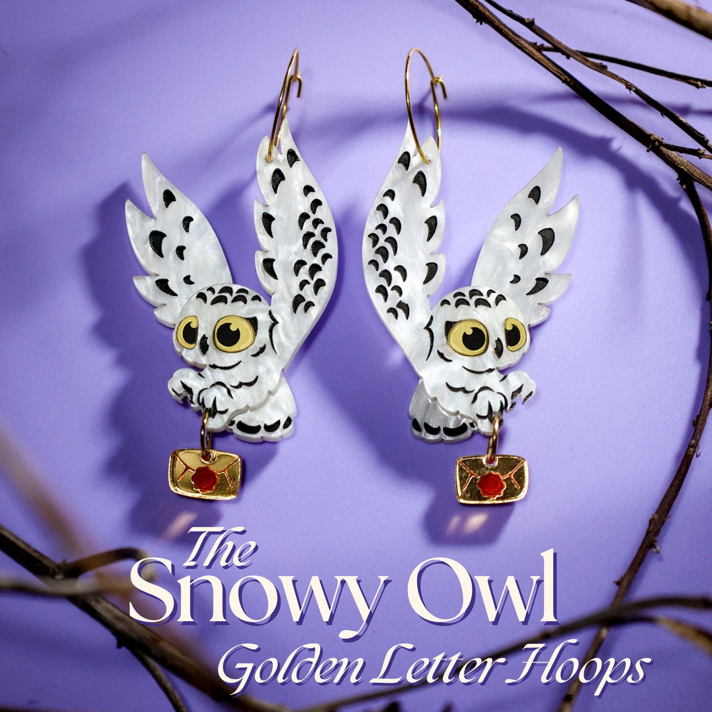 *PRE-ORDER* Snowy Owl 'Golden Letter' Hoop Earrings - Statement Bird Earrings