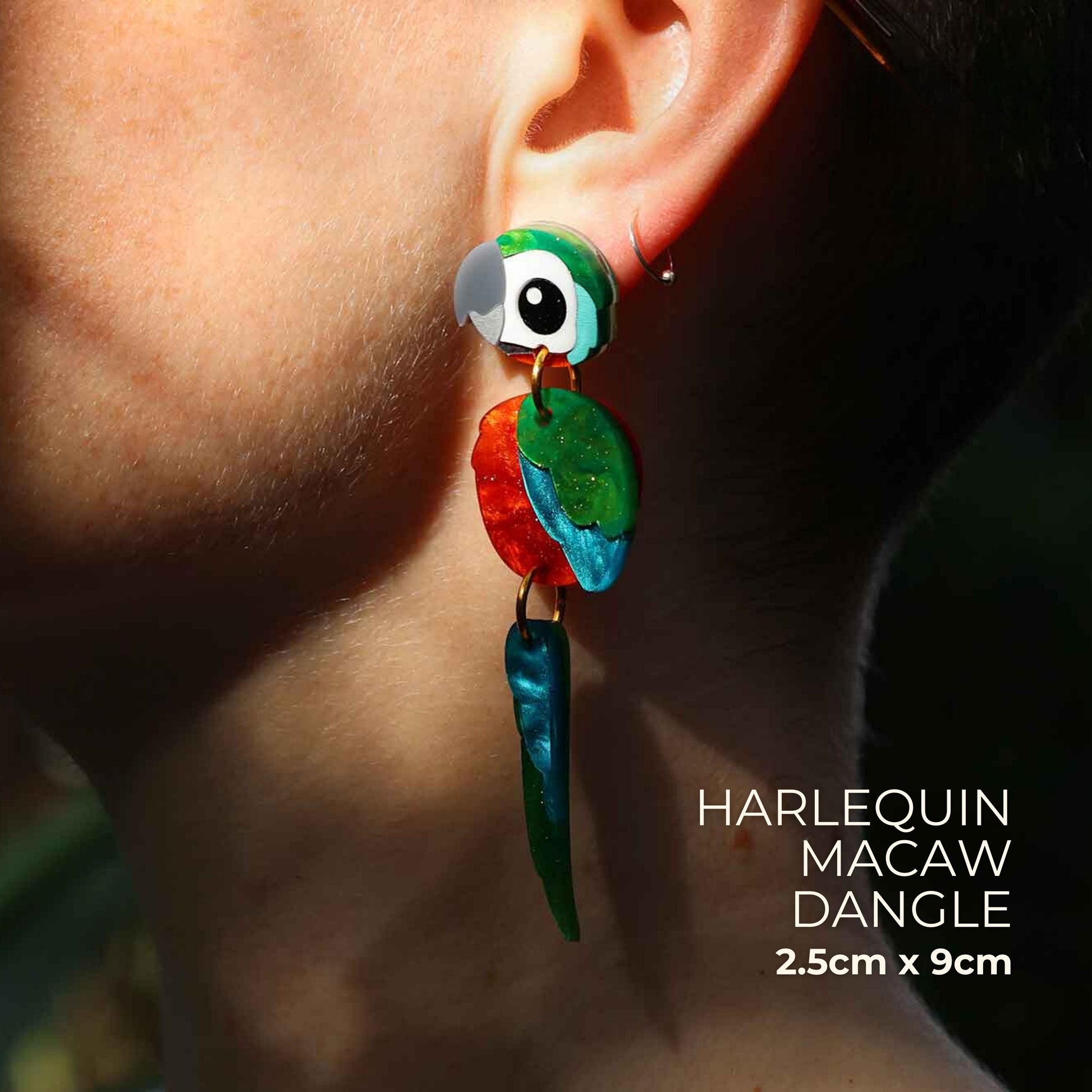 BINKABU Harlequin Macaw Handmade Acrylic Bird Earrings