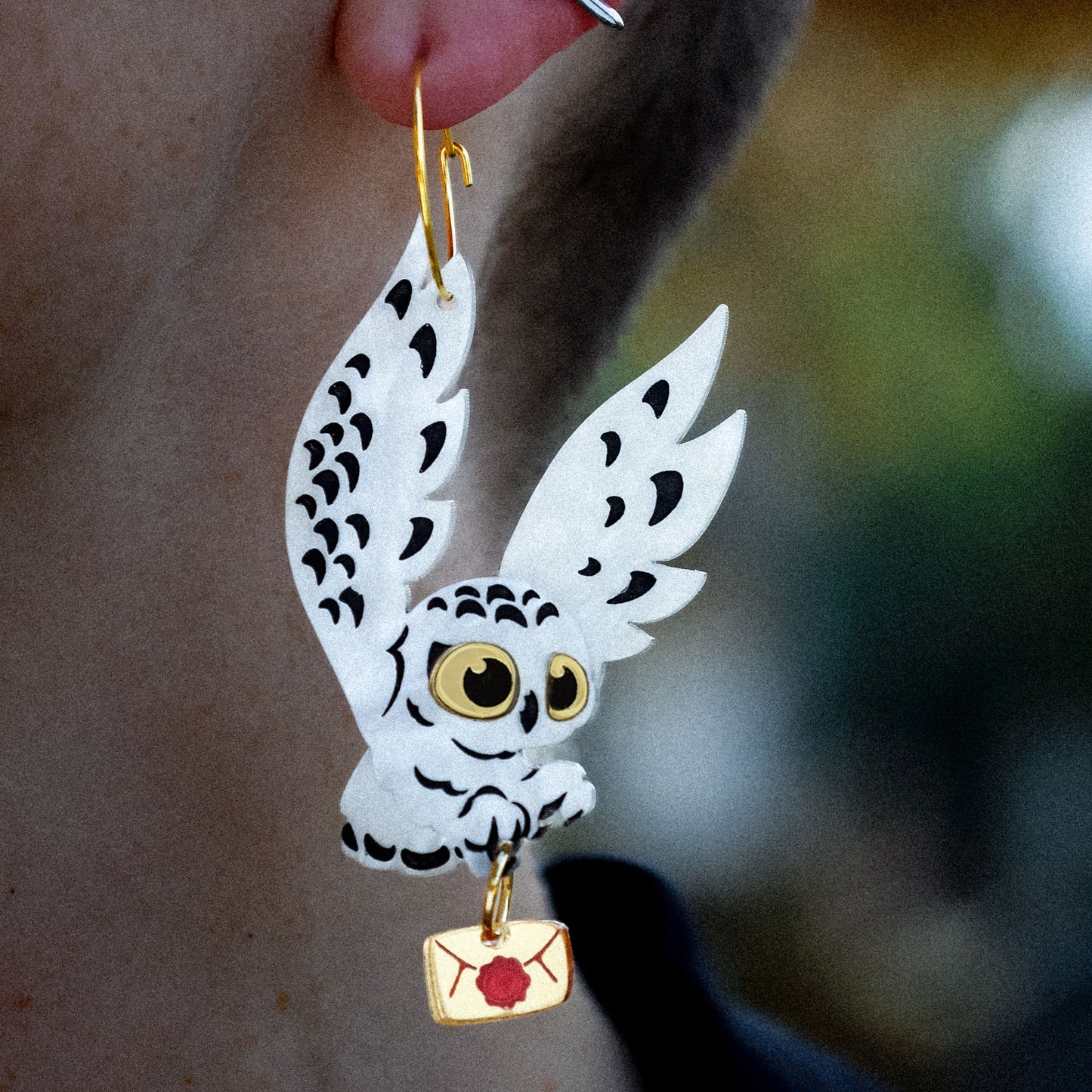 *PRE-ORDER* Snowy Owl 'Golden Letter' Hoop Earrings - Statement Bird Earrings