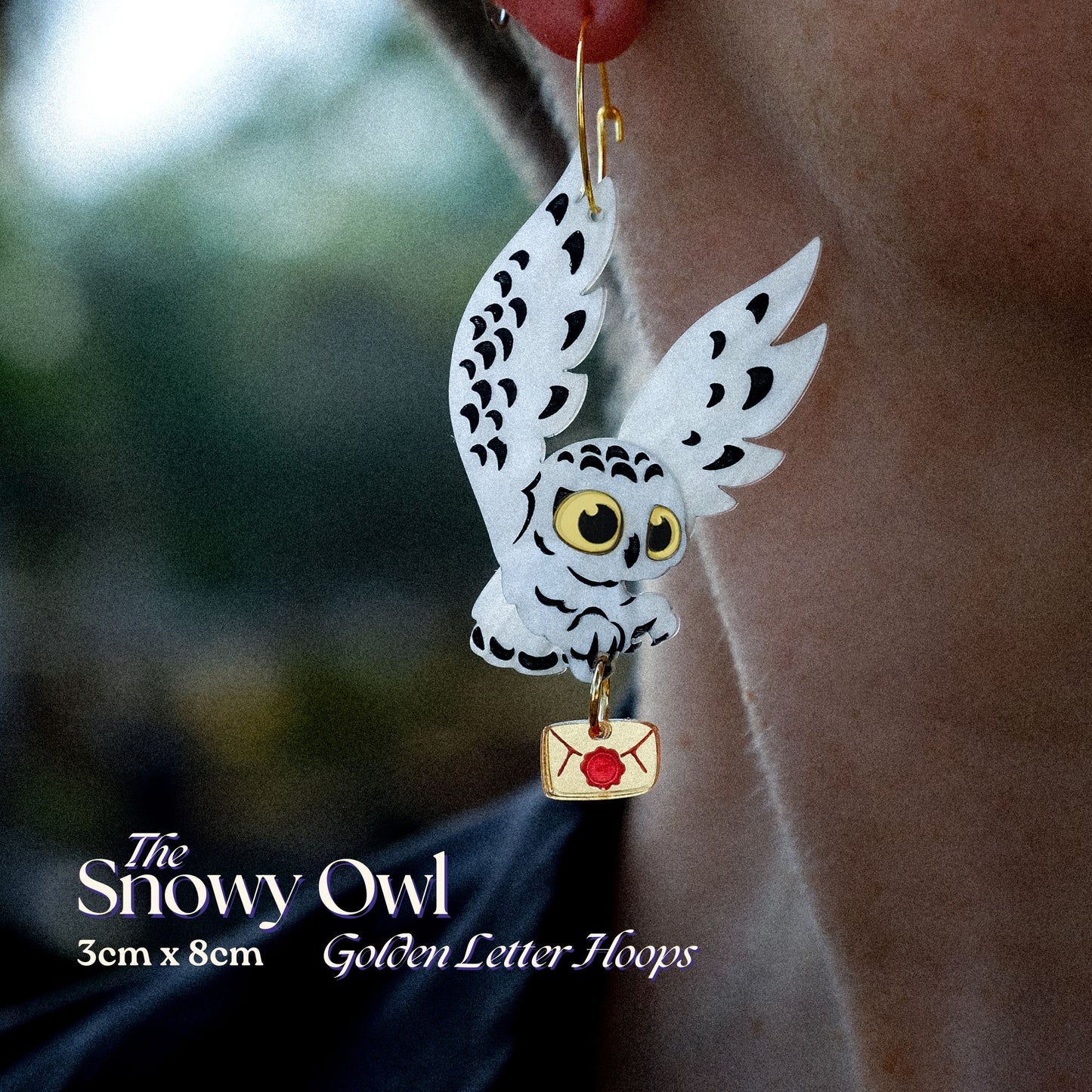 *PRE-ORDER* Snowy Owl 'Golden Letter' Hoop Earrings - Statement Bird Earrings