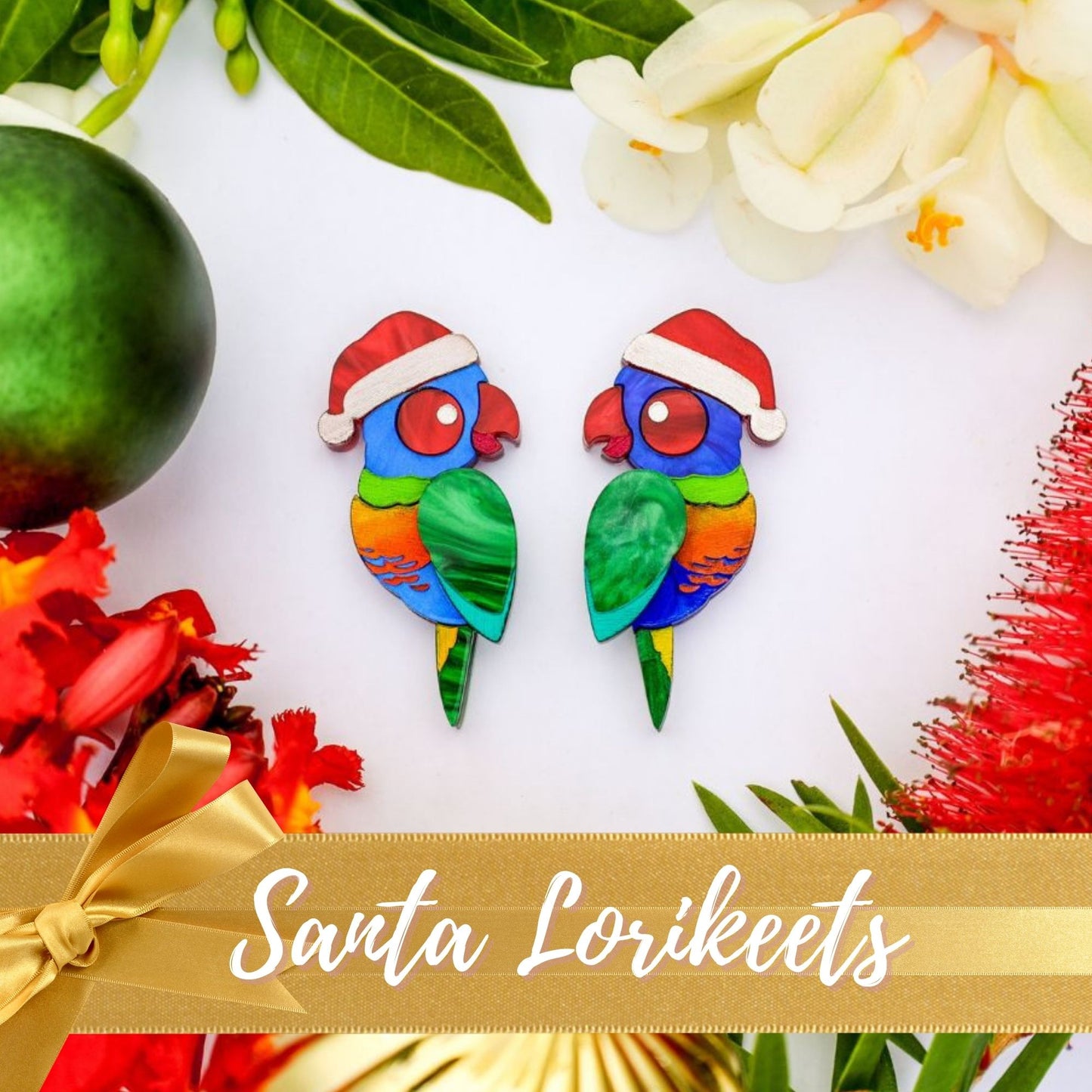 *LIMITED RESTOCK* Rainbow Santa Lorikeets - 2024 Christmas Collection - Handmade Acrylic Earrings