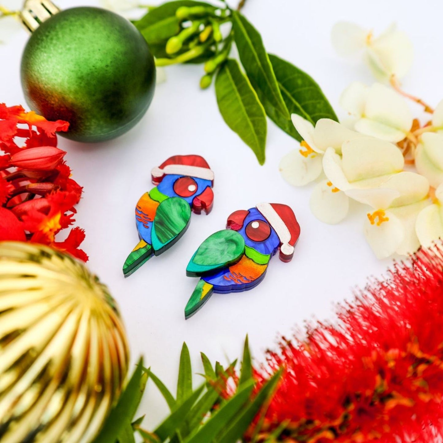 *LIMITED RESTOCK* Rainbow Santa Lorikeets - 2024 Christmas Collection - Handmade Acrylic Earrings