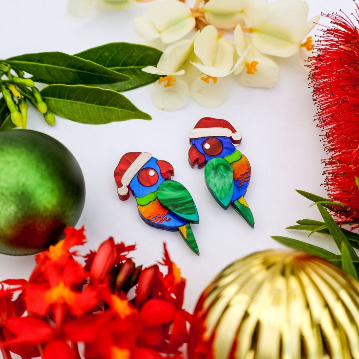 *LIMITED RESTOCK* Rainbow Santa Lorikeets - 2024 Christmas Collection - Handmade Acrylic Earrings