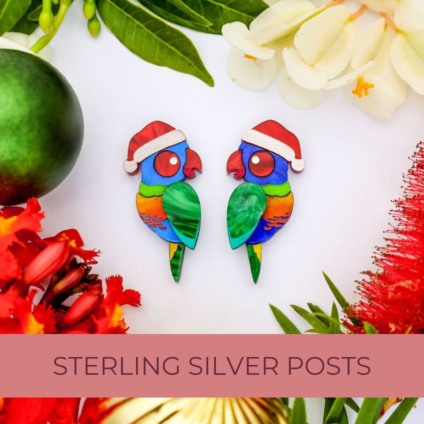 *LIMITED RESTOCK* Rainbow Santa Lorikeets - 2024 Christmas Collection - Handmade Acrylic Earrings