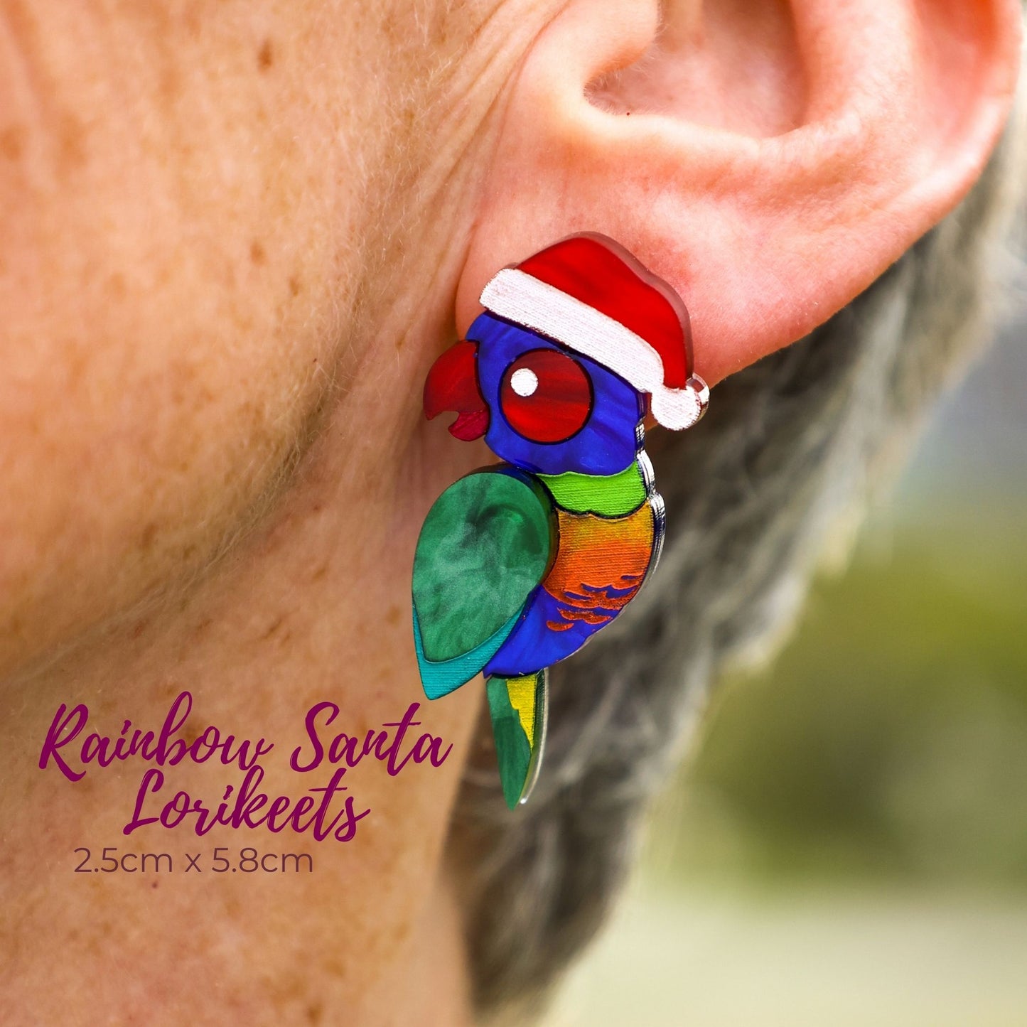 *LIMITED RESTOCK* Rainbow Santa Lorikeets - 2024 Christmas Collection - Handmade Acrylic Earrings