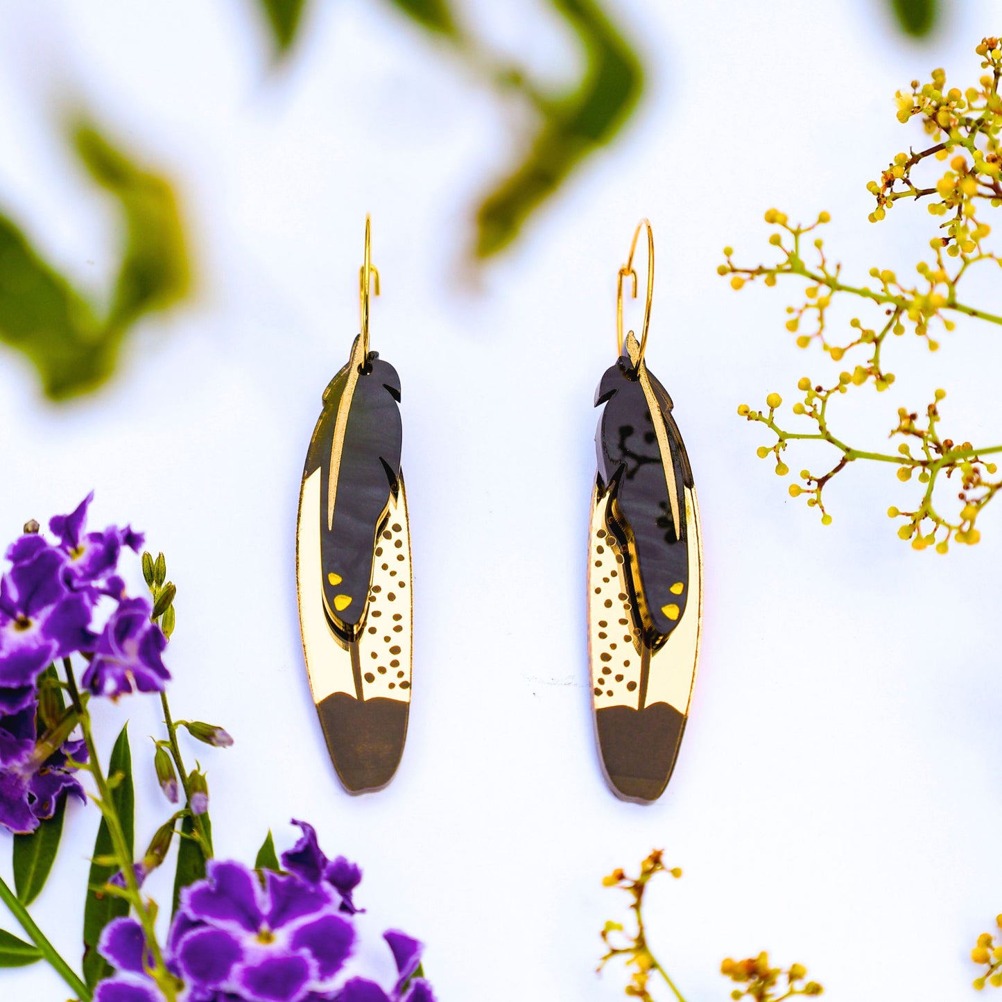 Foraged Feathers - Yellow-Tailed Black Cockatoo - Handmade Statement Bird Earrings