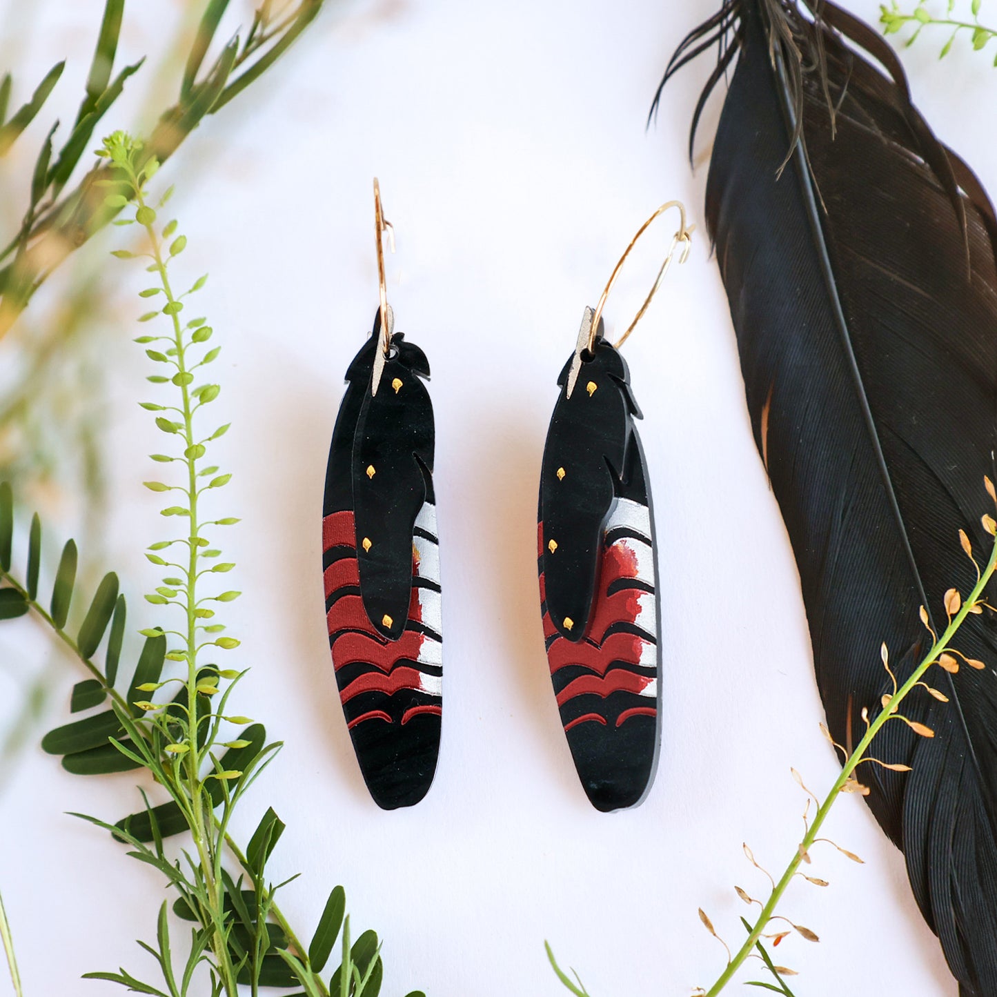 Foraged Feathers - Red-Tailed Black Cockatoo - Handmade Statement Bird Earrings