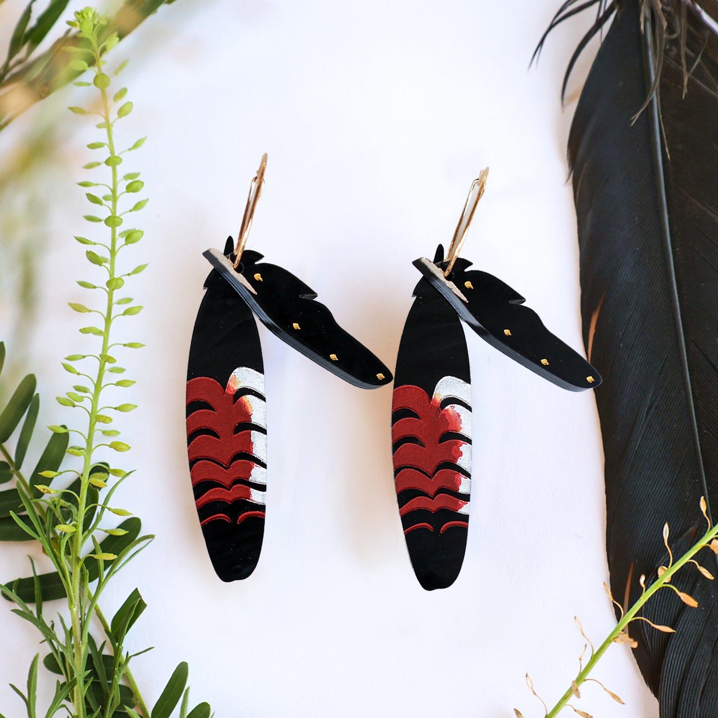 Foraged Feathers - Red-Tailed Black Cockatoo - Handmade Statement Bird Earrings