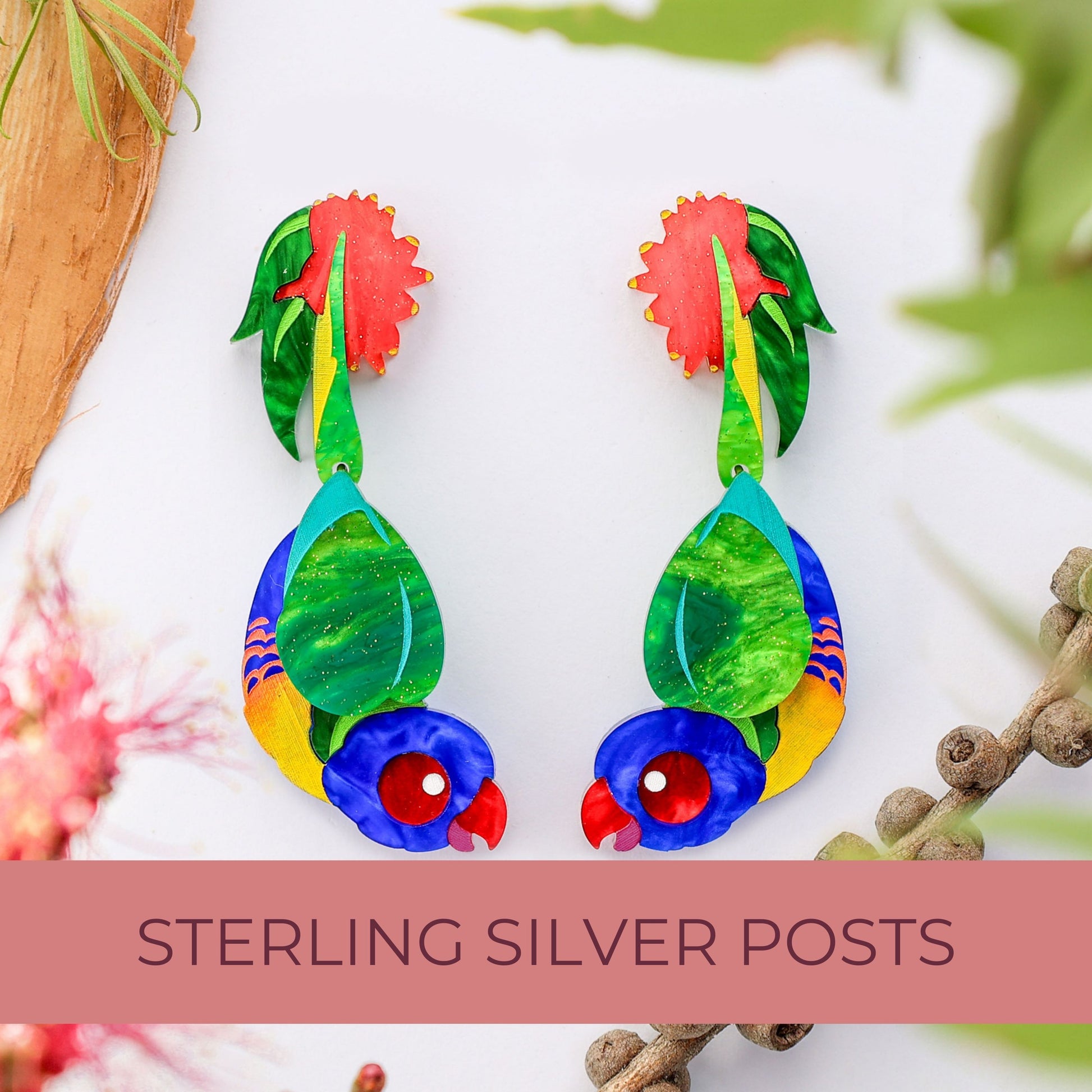 BINKABU Rainbow Lorikeet handmade acrylic bird earrings