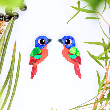 BINKABU Painted Bunting Studs handmade acrylic bird earrings