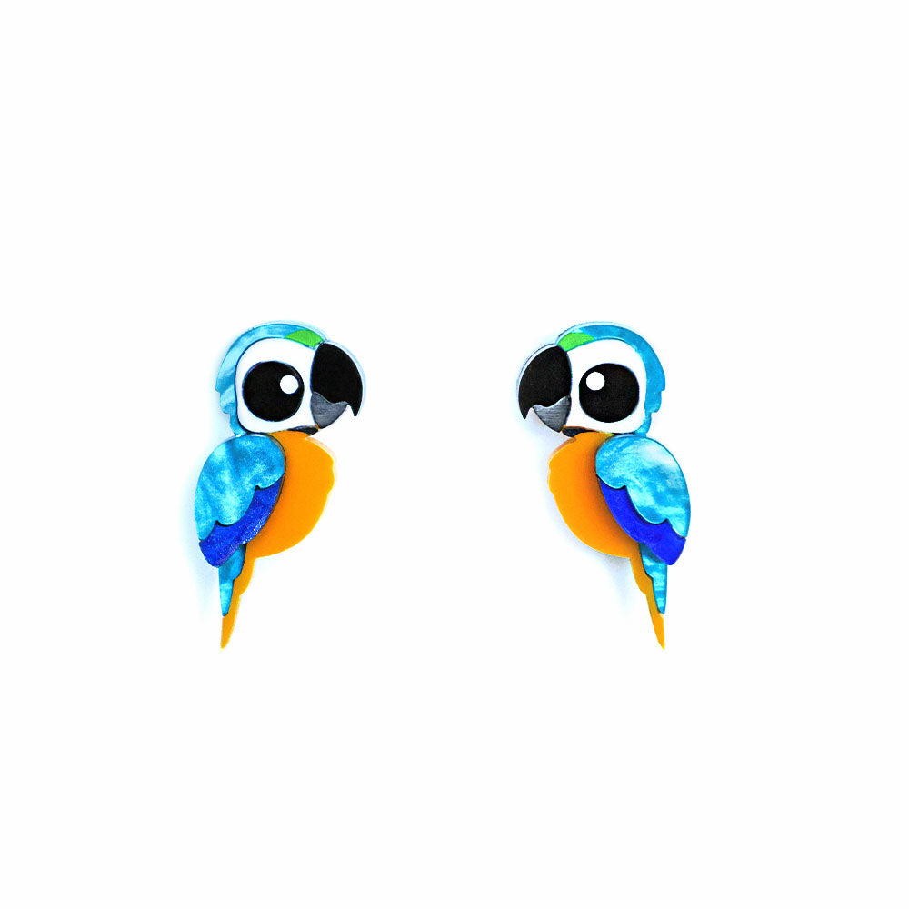 BINKABU Blue and Gold Macaw handmade acrylic bird earrings