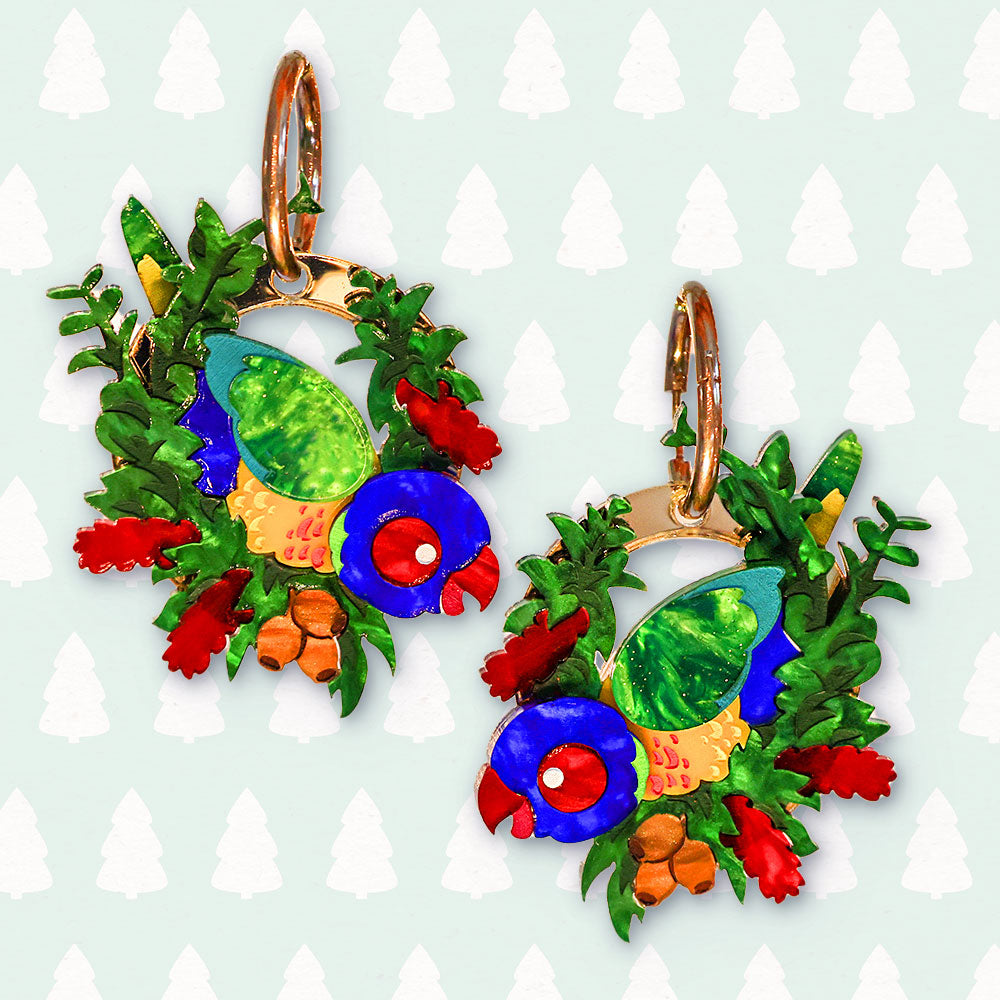 BINKABU rainbow lorikeet Christmas earrings